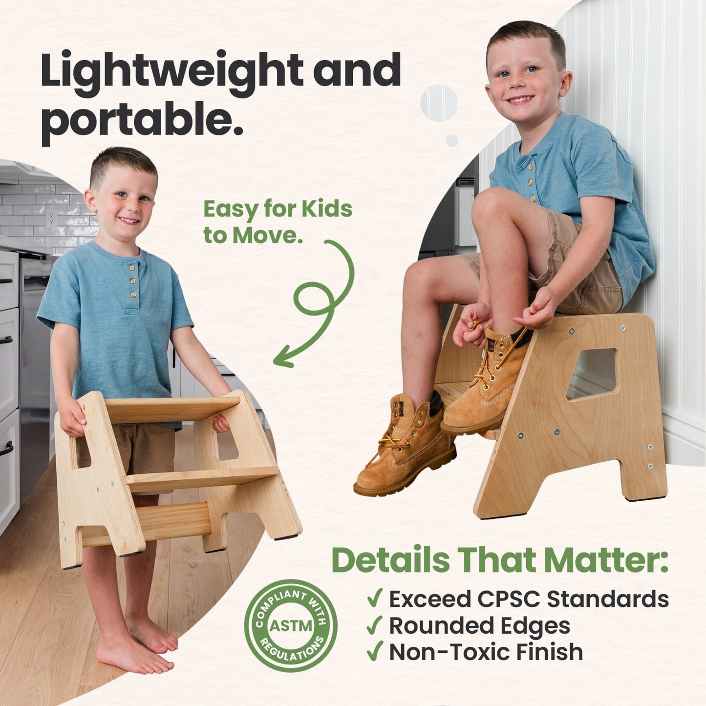 2-Step Wooden Stool for Toddlers(Step Stool for Children Ages 2+)